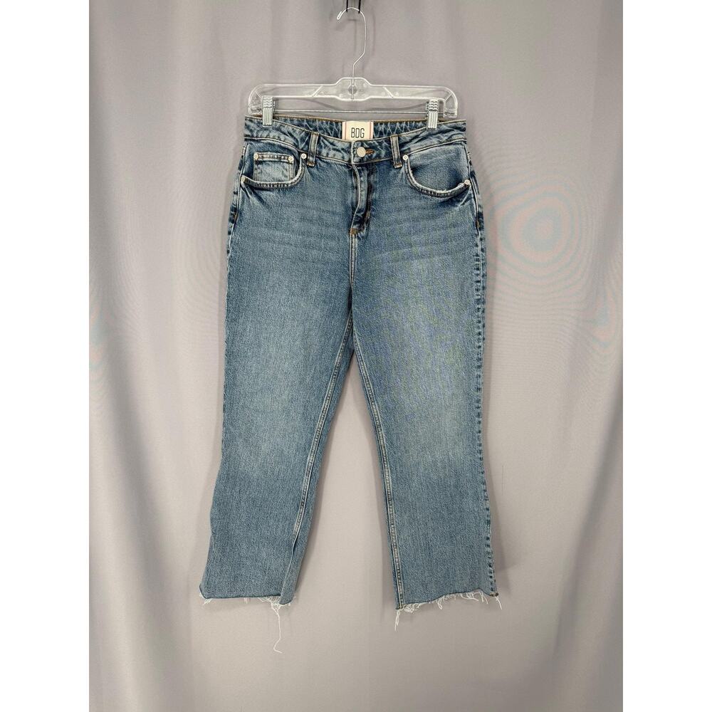 BDG Kylie Kick Flare Jeans Womens 28 Blue Mid Rise Cropped Raw Hem Crop Denim
